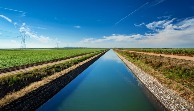 Un Canal De Riego Discurre Junto A Tierras De Cultivo Bajo Un Cielo Azul Brillante
