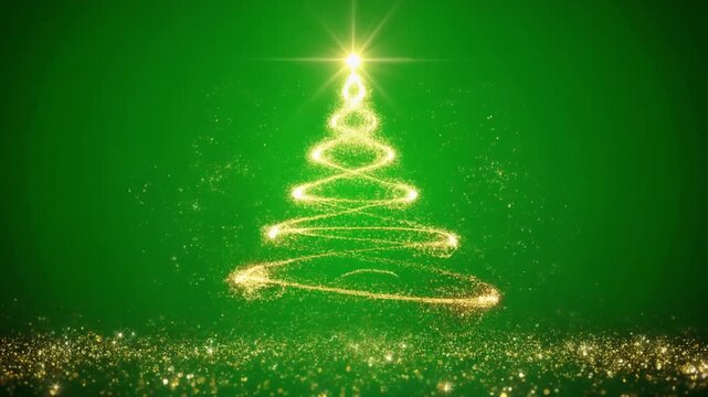 Golden glitter Christmas tree spinning with sparkling particle trail on chroma key green screen background, abstract loopable festive holiday animation