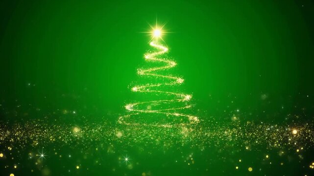 Golden glitter Christmas tree spinning with sparkling particle trail on chroma key green screen background, abstract loopable festive holiday animation