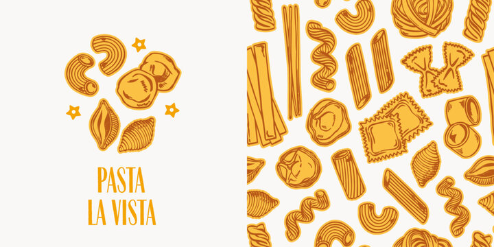 Set of a Pasta La Vista card and seamless pattern with orange pasta shapes, including spaghetti, bow ties, shells and ravioli, on white. Suitable for menus, packaging, kitchen textiles and stationery.