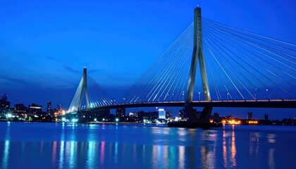 Fototapeta premium Cable-stayed suspension bridge illuminated over river at night.