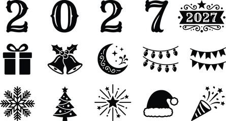 Fototapeta premium 2027 New Year Holiday Icons Collection with Christmas and Winter Symbols