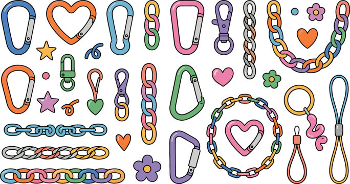 Colorful Carabiner Clip and Chain Vector Element Set with Keychains Heart Shapes and Flowers for Y2K Aesthetic Accessories and Graphic Pattern Designs