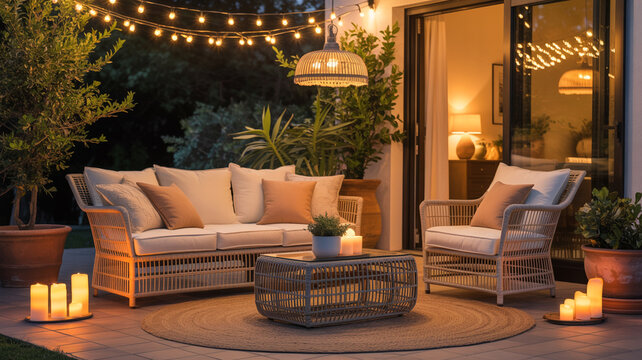 Cozy outdoor wicker sectional set with warm string lights at night