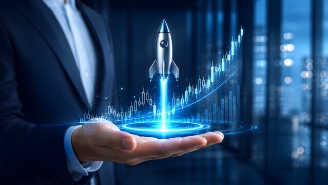 Startup acceleration and market boost concept showing a silver rocket taking off from a glowing digital platform with rising financial graphs