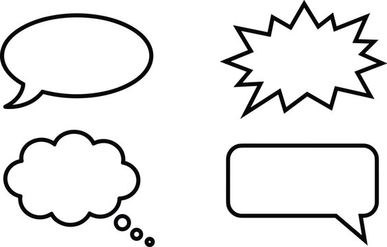 Speech Bubble Line Icon Set Featuring Oval Chat Balloon Spiky Comic Book Shout Cloud Thought Stream and Rounded Rectangle Dialogue Graphic Elements