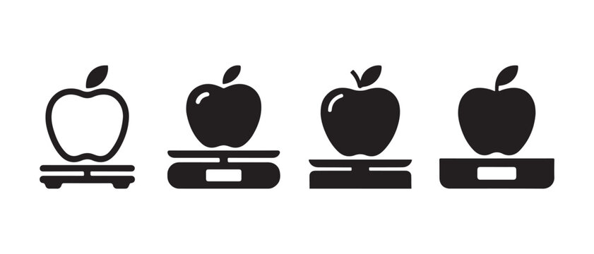 Apple on kitchen scale icons. Vector fruit weight measurement symbols for healthy diet food tracking.