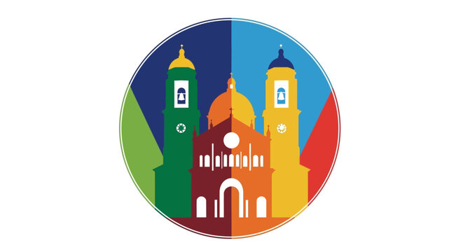 Colorful stylized illustration of a historic colonial cathedral building.