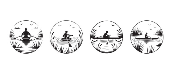 Kayaking and rowing icon set. Vector silhouettes of people paddling boats in nature water landscapes. © Safali