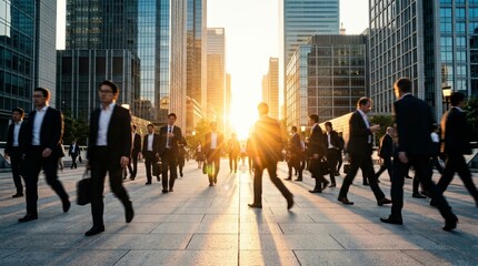 Obraz premium Bustling office workers commuting on a modern city street at sunrise.