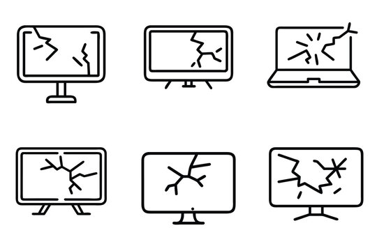Broken screen line icons set, cracked monitor, damaged display, laptop smash, smashed glass, computer repair  vector illustration with editable stroke.