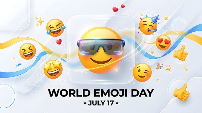 World emoji day celebration background with diverse emoticons and digital icons on light background