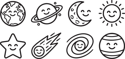 Happy smiling space icons set with celestial bodies © tarik