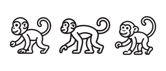 Cute monkey icon set. Minimalist line art vector illustration of small primates in walking poses. © Safali