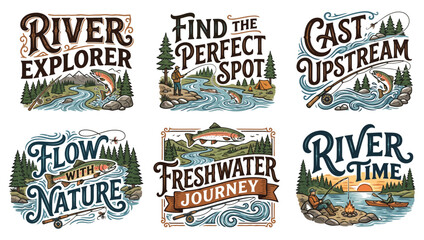 Set of vintage fishing adventure emblems featuring trout rivers pine trees fly fishing gear and typography badges for outdoor camping excursions © Risfat