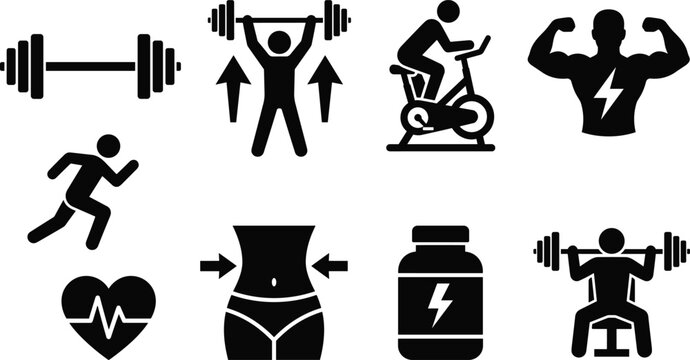 Fitness Gym and Bodybuilding Icon Set Featuring Weightlifting Barbells Running Stationary Cycling Slim Waist Supplement Bottle Cardio Heartbeat and Muscular Silhouette Figures