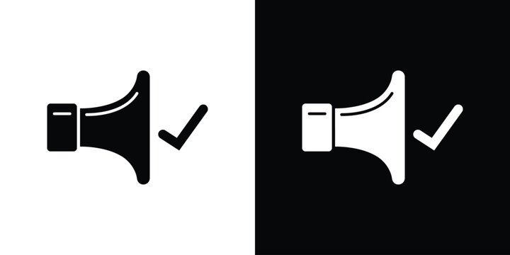 Sound enabled icon set. Black and white loudspeaker with a check mark symbol representing audio on, successful voice settings, volume active.
