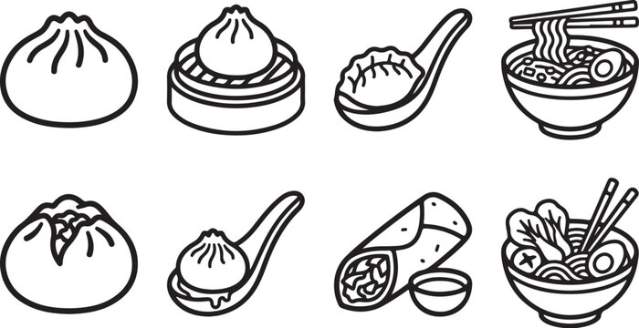 Eight asian dumpling and noodle dishes icon set