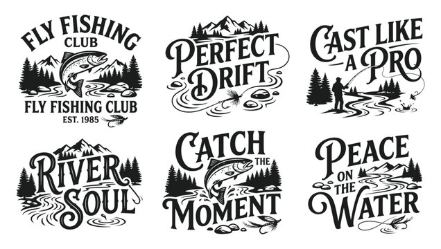 Set of vintage fly fishing emblems and badges with trout fish mountain landscape trees river and calligraphy typography design elements