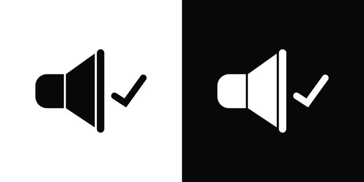 Sound enabled icon set. Black and white loudspeaker with a check mark symbol representing audio on, successful voice settings, volume active.