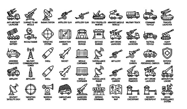 Anti Aircraft Missile Defense Outline Icon Set with Artillery Mortar and Military Vehicle Vector Collection