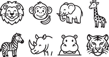 Eight cartoon animals line art illustration © tarik