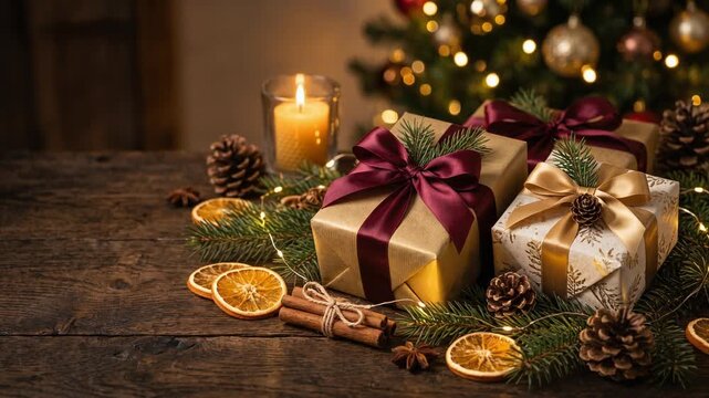 Cozy Christmas Gift Boxes with Ribbons, Burning Candle, and Pinecones on Rustic Wooden Table