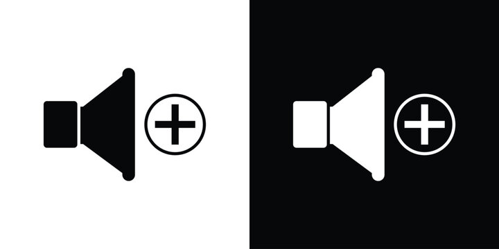 Decrease volume icon set. Black and white speaker illustration with a minus sign representing sound reduction, lower audio level, quiet control.