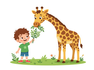 Obraz premium Cute boy feeding a giraffe with green leaves in a grassy field, cartoon style illustration for kids