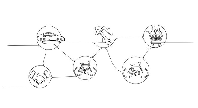 Business connection, car, bicycle, handshake, shopping cart, repair icon, network flow