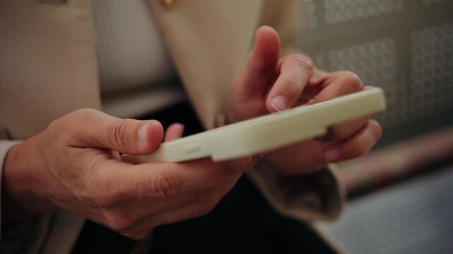 A close-up shot of a woman's hands holding a smartphone and scrolling through a social media feed or browsing online.