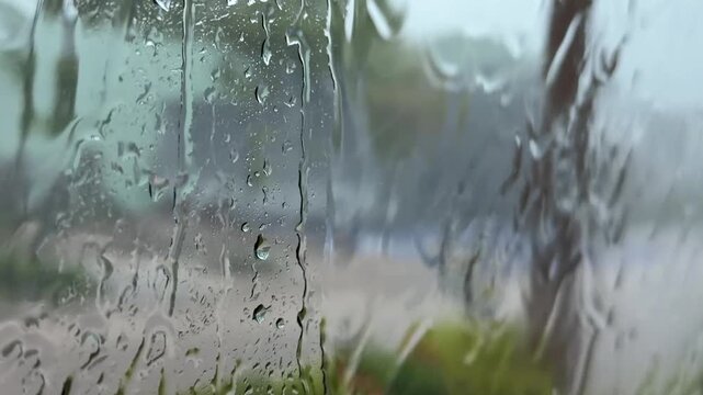 Rainwater covers a bus window during travel with a roadway and green vegetation visible beyond the glass. Blurred background.