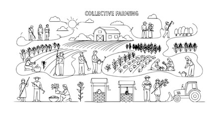 Obraz premium Collective Farming Illustration: Diverse People Working Together in Fields, Barn, Tractor, Wells