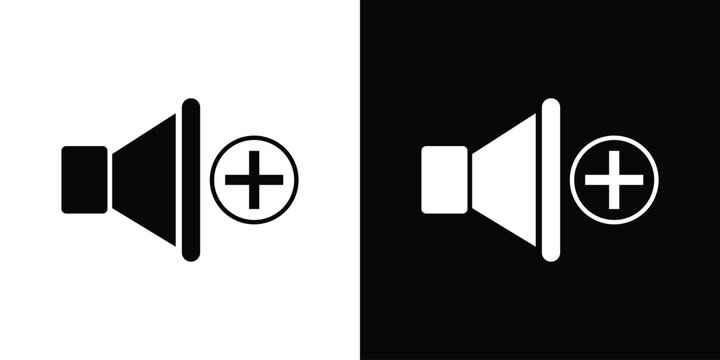 Decrease volume icon set. Black and white speaker illustration with a minus sign representing sound reduction, lower audio level, quiet control.