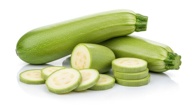 Fresh green zucchini squash whole and sliced pieces for healthy cooking and salad