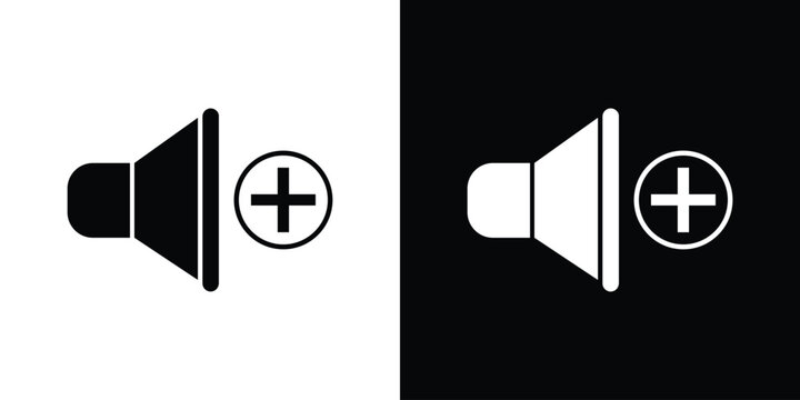 Decrease volume icon set. Black and white speaker illustration with a minus sign representing sound reduction, lower audio level, quiet control.