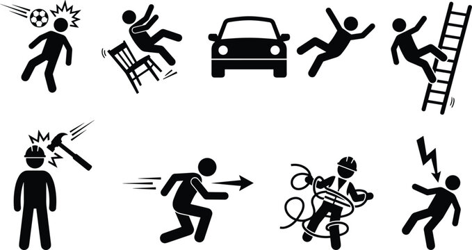 Workplace Accidents and Safety Hazard Icon Set Featuring Falls From Ladders Chairs Car Crashes Falling Tools Hard Hat Impacts Tangles and Electrical Shock Risks