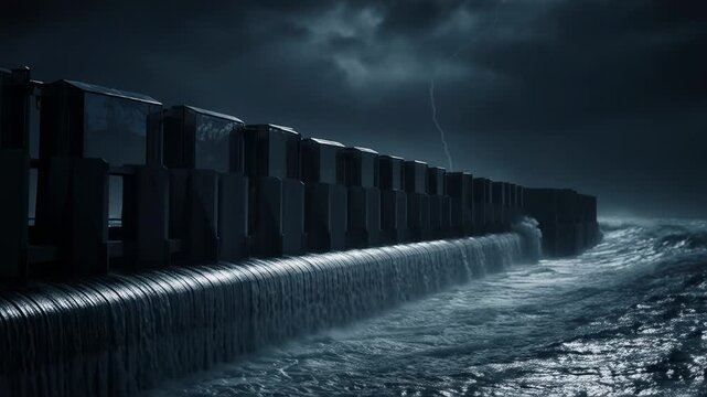 Ocean waves crashing against a wooden pier in stormy weather