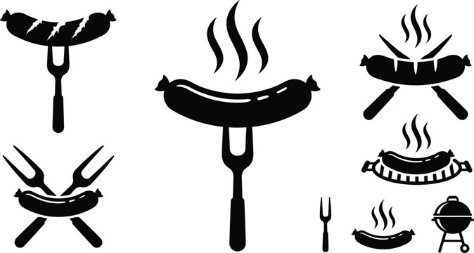 Barbecue Grill Sausage and Picnic Icon Set Featuring Grilled Frankfurters on Forks Steam Smoke Crossed Carving Knives Bbq Grates and Charcoal Kettle Cooker Silhouette Graphics