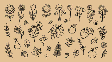 Hand drawn botanical line art collection, vintage floral and fruit doodles on kraft paper background, set of 35 rustic nature vector icons © Iconify Studio