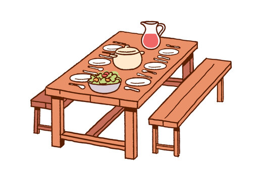 Dinner Table Setting With Benches Cartoon
