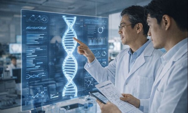 DNA解析を行う研究者とゲノム医療・バイオテクノロジー研究のイメージ