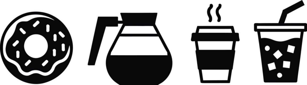 Coffee and donut breakfast black icon set featuring sweet glazed doughnut coffee pot hot paper cup and iced beverage vector.