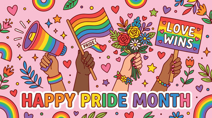 Fototapeta premium LGBTQ+ Pride Month celebration banner, diverse hands holding rainbow flags and megaphone, colorful Love Wins protest sign vector illustration