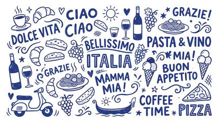 Italian hand drawn doodle vector, blue ink sketch of pizza pasta and wine, decorative travel icons with ciao and dolce vita lettering © Iconify Studio