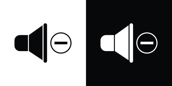 Decrease volume icon set. Black and white speaker illustration with a minus sign representing sound reduction, lower audio level, quiet control.