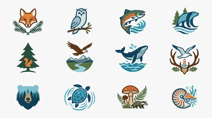 Elegant Collection of Whimsical Wildlife and Nature Icons with Vibrant Colors and Stylized Illustrations © Bek