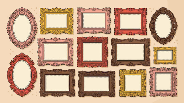 Vintage ornate picture frames collection, 14 decorative antique border vectors, elegant gold and red baroque frame set for gallery wall art