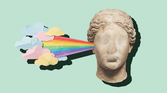 Surreal digital collage of an antique stone statue head with paper clouds and a colorful rainbow beam