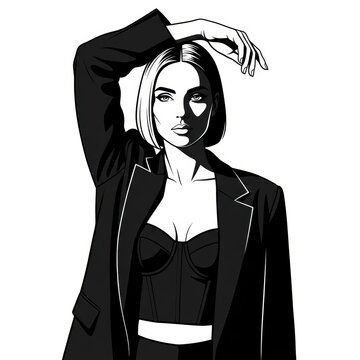 Confident Woman in Oversized Blazer and Corset &ndash; Noir Fashion Ink Portrait